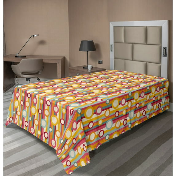 Ambesonne Retro Flat Sheet, Stripes and Circles, TwinXL Size, Multicolor