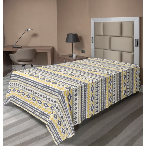 Ambesonne Retro Flat Sheet, Tribal Geometrical Pattern, Twin Size, Multicolor
