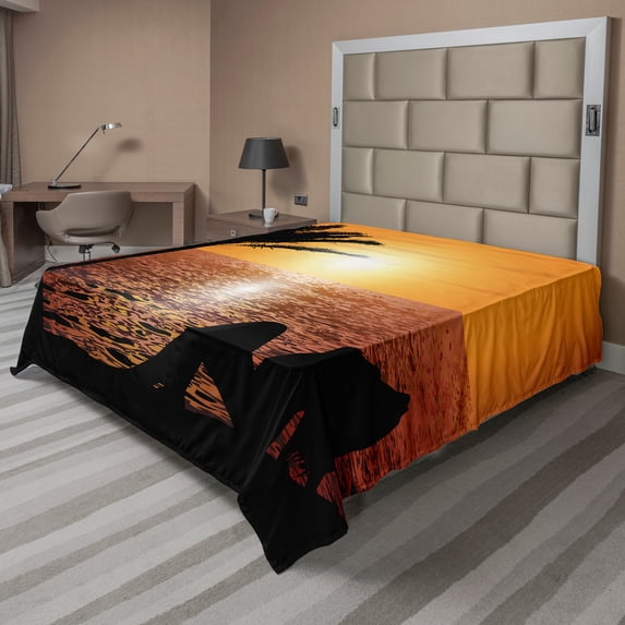 Ambesonne Retro Flat Sheet, Tropical Beach with Sunset, California King, Orange Black