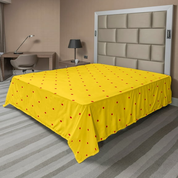Ambesonne Retro Flat Sheet, Vibrant Polka Dotted Design, Queen Size, Earth Yellow Vermilion