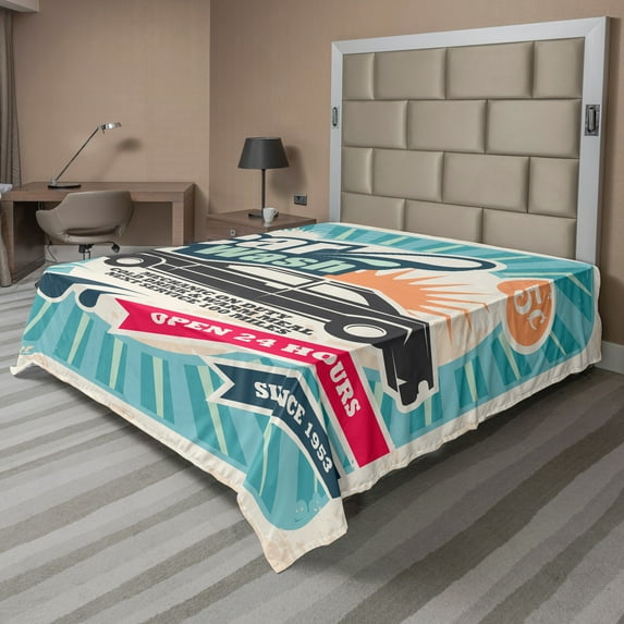 Ambesonne Retro Flat Sheet, Vintage Car Repair Artwork, California King, Multicolor