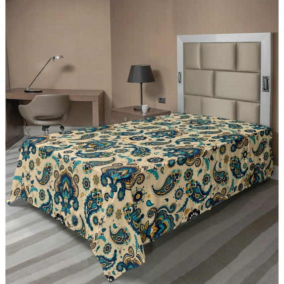 Ambesonne Retro Flat Sheet, Vintage Colorful Floral, Twin Size, Yellow Blue Cream