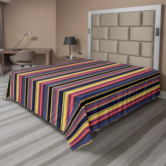 Ambesonne Retro Flat Sheet, Vintage Geometric Stipes, King Size, Multicolor