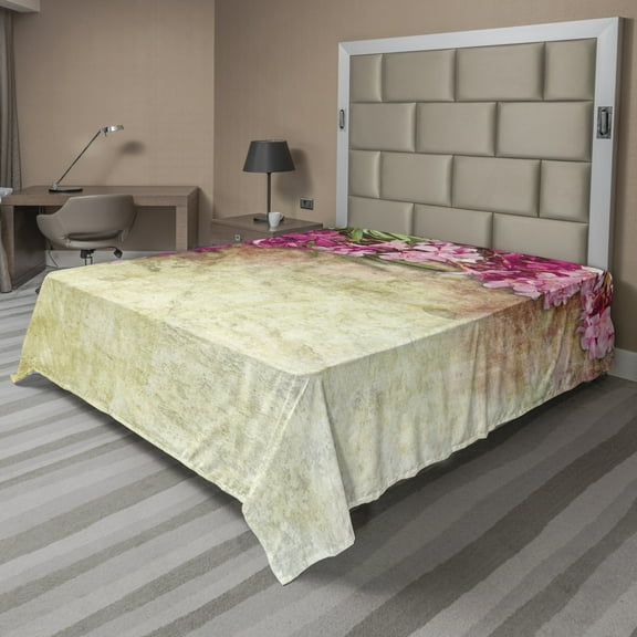 Ambesonne Retro Flat Sheet, Vintage Oleander Flowers, Queen Size, Pink Green Pale Yellow