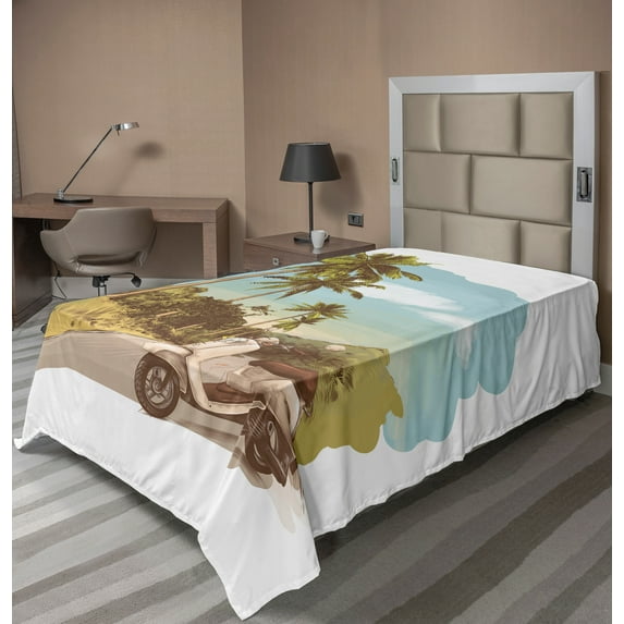 Ambesonne Retro Flat Sheet, Vintage Scooter in Jungle, TwinXL Size, Multicolor
