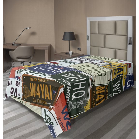 Ambesonne Retro Flat Sheet, Vintage Travel Plate, TwinXL Size, Green Blue Yellow