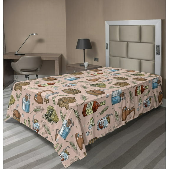 Ambesonne Retro Flat Sheet, Whiskey Bourbon Theme Pattern, TwinXL Size, Blush Multicolor