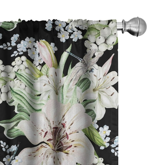 Ambesonne Retro Floral Curtains, Lily Berry Romantic, Pair of 28"x95", Laurel Green Black White