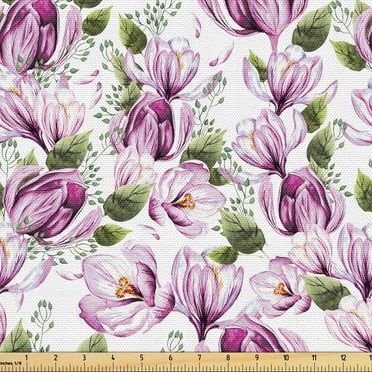 Ambesonne Retro Floral Fabric by the Yard Upholstery, Crocus Flowers Pattern, 1 Yard, Pale Fuchsia Reseda Green