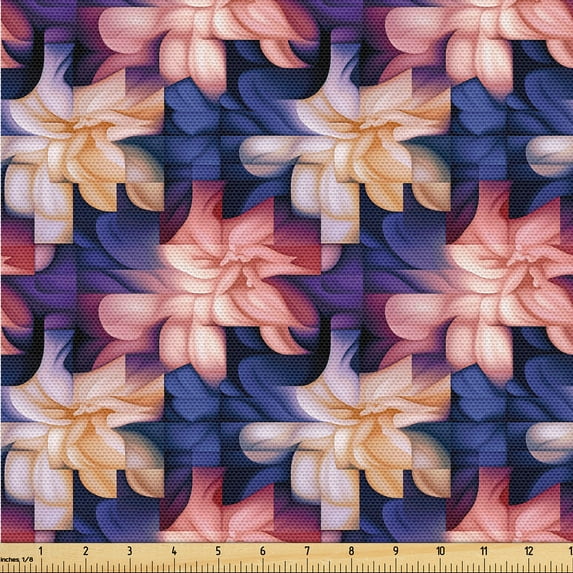 Ambesonne Retro Floral Fabric by the Yard Upholstery, Geometric Flower Motif, 10 Yards, Dark Violet Blush and Ecru