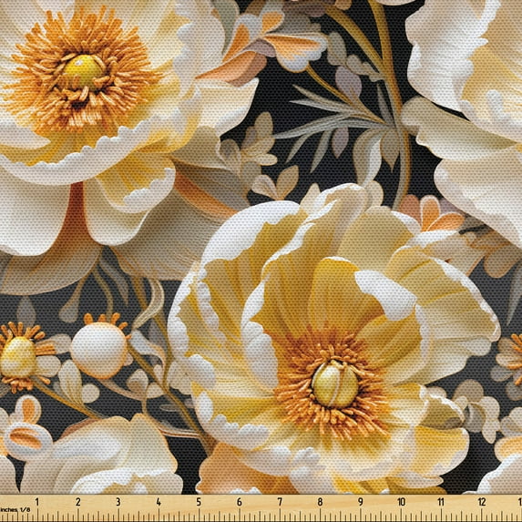 Ambesonne Retro Floral Fabric by the Yard, Magnolias Realistic, 2 Yards, Earth Yellow Pale Grey
