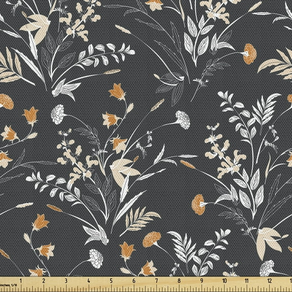 Ambesonne Retro Floral Fabric by the Yard Upholstery, Botanical Nostalgia, 1 Yard, Dark Orange Coconut Grey