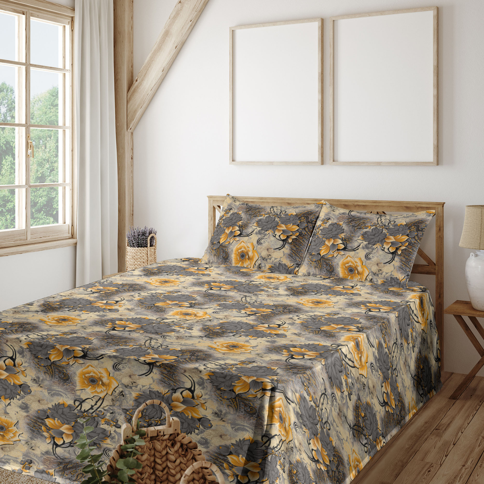 Ambesonne Retro Floral Fitted & Flat Sheet with Shams 4 Pcs Set, Floral — free download