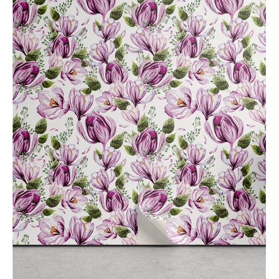 Ambesonne Retro Floral Peel & Stick Wallpaper for Home, Crocus Flowers Pattern, 13"x72", Pale Fuchsia Reseda Green