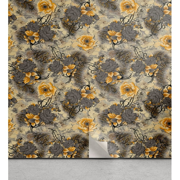 Ambesonne Retro Floral Peel & Stick Wallpaper for Home, Floral Vintage Botany, 13"x100", Pale Orange Dimgray and Beige