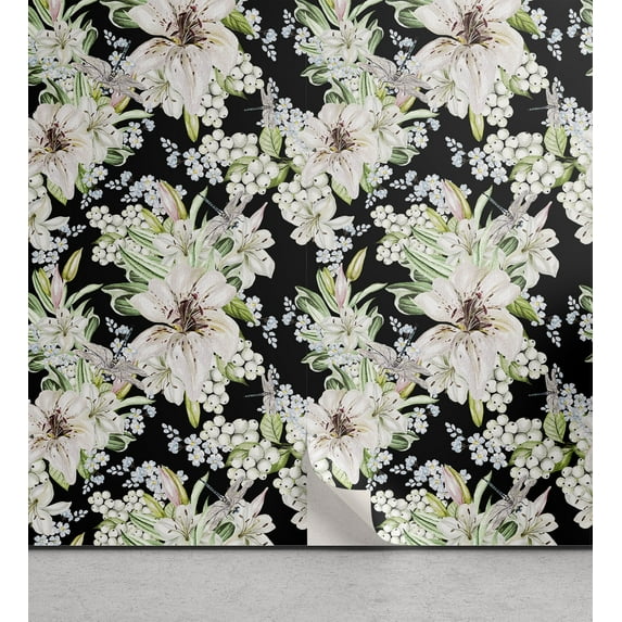Ambesonne Retro Floral Peel & Stick Wallpaper for Home, Lily Berry Romantic, 13"x100", Laurel Green Black White
