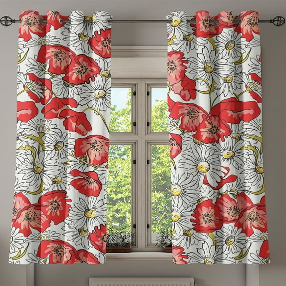 Ambesonne Retro Grommet Curtain, Chamomiles and Poppies Art, 50"x60", Dark Coral Pale Yellow
