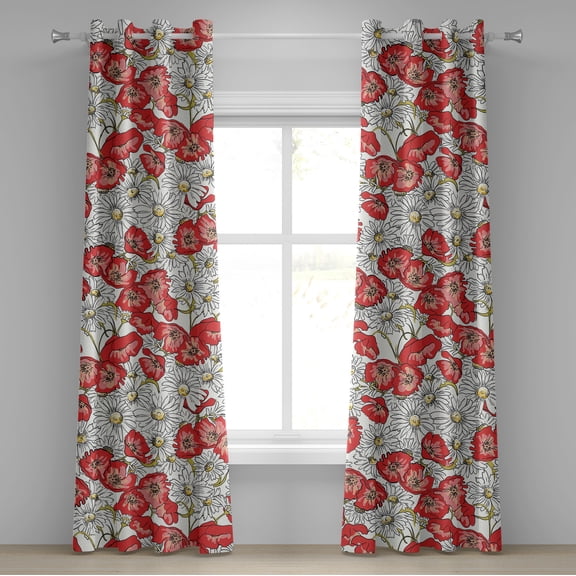 Ambesonne Retro Grommet Curtain, Chamomiles and Poppies Art, 50"x96", Dark Coral Pale Yellow