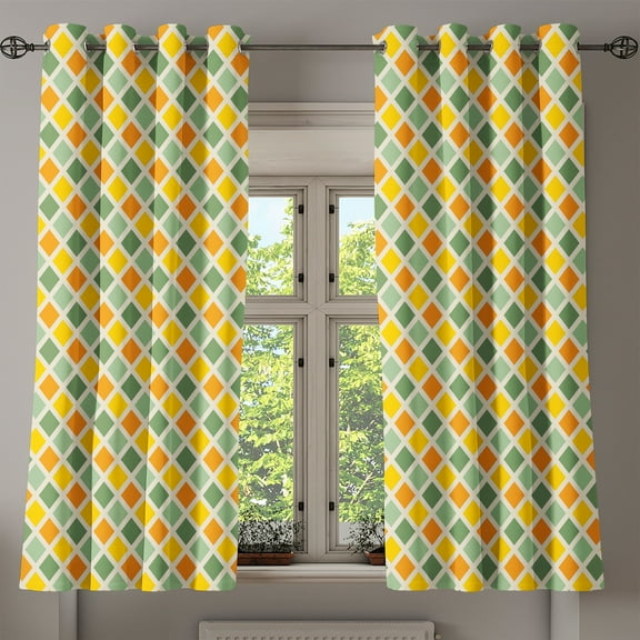 Ambesonne Retro Grommet Curtain, Classic Checkered Striped, 50" x 63", Marigold Green Cream