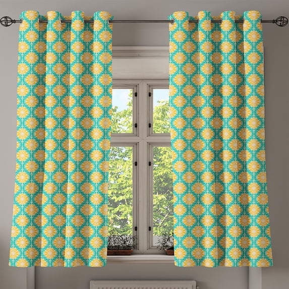 Ambesonne Retro Grommet Curtain, Floral Tile Art Motifs, 50" x 54", Sea Green Yellow Beige