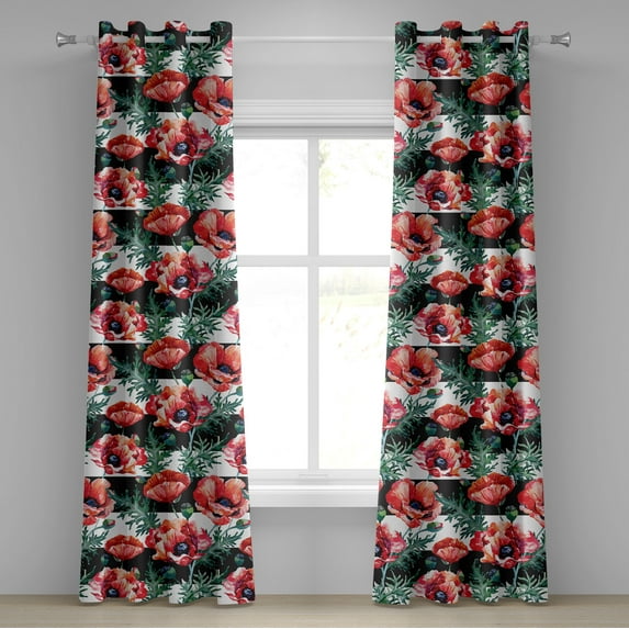 Ambesonne Retro Grommet Curtain, Horizontal Lines Poppies Art, 50"x120", Dark Pink and Jade Green
