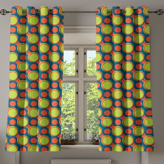 Ambesonne Retro Grommet Curtain, Orange and Green Circles, 50" x 63", Yellow Green Orange