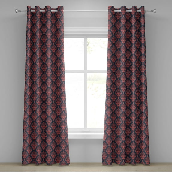 Ambesonne Retro Grommet Curtain, Shabby Damask Rococo, 50" x 108", Dark Coral Blue Grey