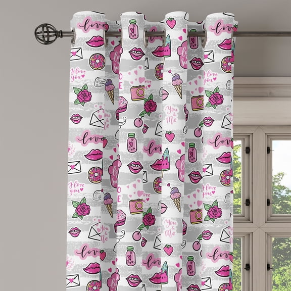 Ambesonne Retro Grommet Curtain Single Panel, Pop Art Style Cartoon Pattern, 50"x60", Pale Grey White Magenta