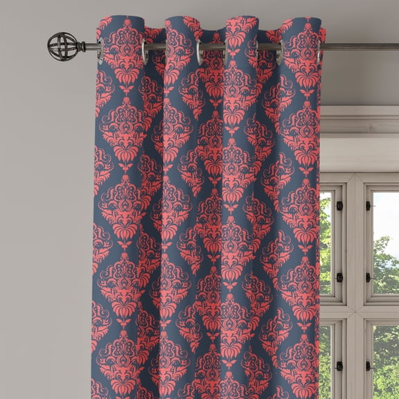 Ambesonne Retro Grommet Curtain Single Panel, Shabby Damask Rococo, 50"x60", Dark Coral Blue Grey