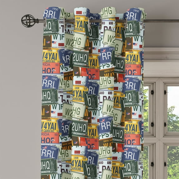 Ambesonne Retro Grommet Curtain Single Panel, Vintage Travel Plate, 50"x60", Green Blue Yellow