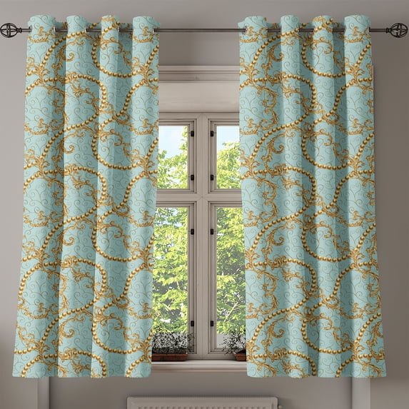 Ambesonne Retro Grommet Curtain, Swirly Floral Motifs Art Deco, 50"x60", Pale Blue and Mustard