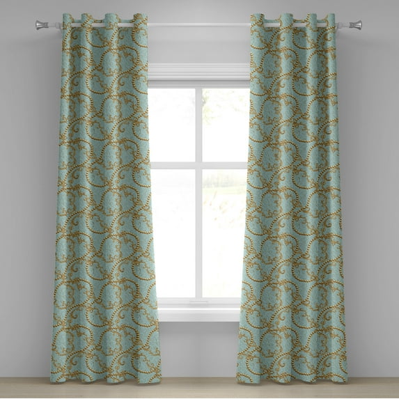 Ambesonne Retro Grommet Curtain, Swirly Floral Motifs Art Deco, 50"x84", Pale Blue and Mustard