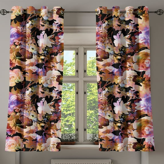 Ambesonne Retro Grommet Curtain, Vintage Floral Art Nostalgia, 50"x60", Redwood Lilac Black