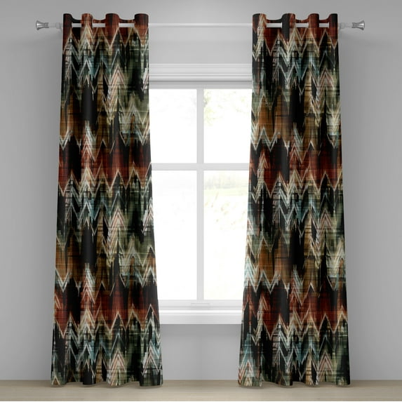 Ambesonne Retro Grommet Curtain, Vintage Grunge Zigzag Plot, 50"x84", Dark Maroon and Caramel