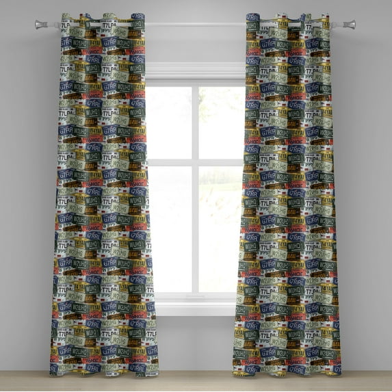 Ambesonne Retro Grommet Curtain, Vintage Travel Plate, 50" x 108", Green Blue Yellow