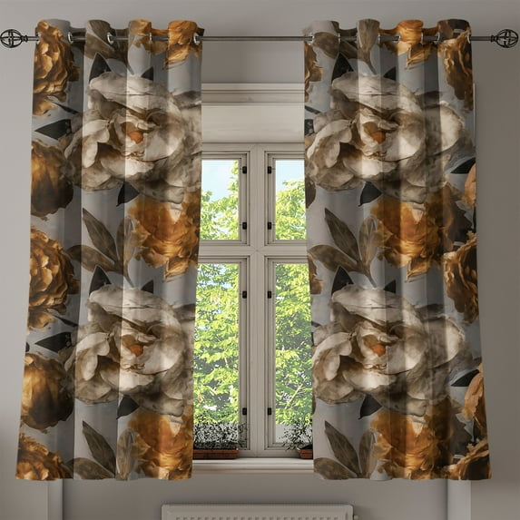 Ambesonne Retro Grommet Curtain, Watercolor Blooming Peony Art, 50"x60", Dimgray Eggshell Amber
