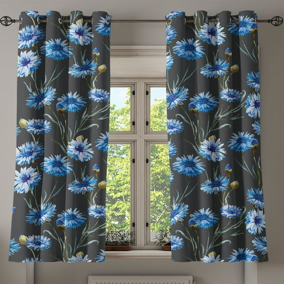 Ambesonne Retro Grommet Curtain, Watercolor Cornflowers Plot, 50"x63", Dark Violet Blue and Grey