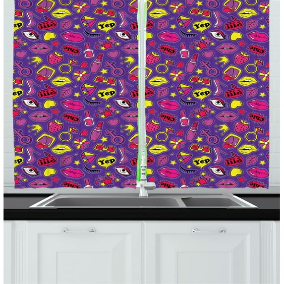 Ambesonne Retro Kitchen Curtains, 90s Cartoon Design Pattern, 55"x39", Multicolor