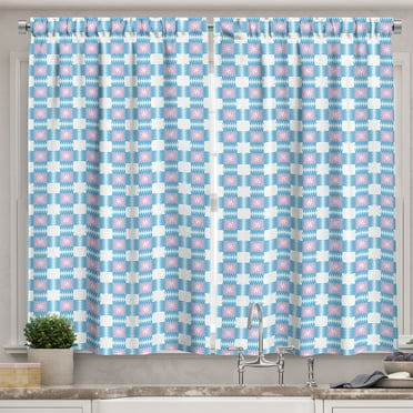 Ambesonne Retro Kitchen Curtains, Abstract Shapes with Zigzags, 55"x30", Pale Mauve and Sea Blue