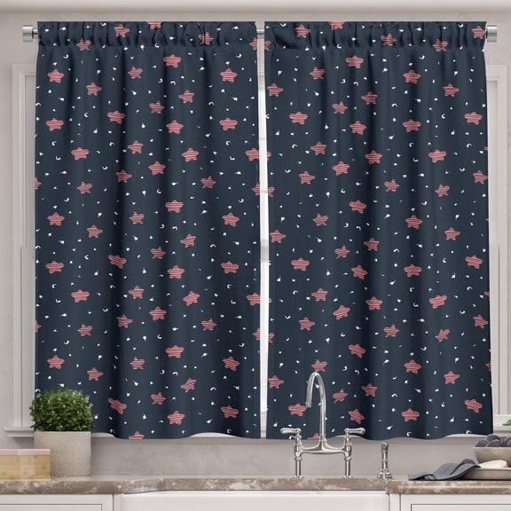 Ambesonne Retro Kitchen Curtains, Abstract Striped Stars Art, 55"x30", Coral and Dark Night Blue