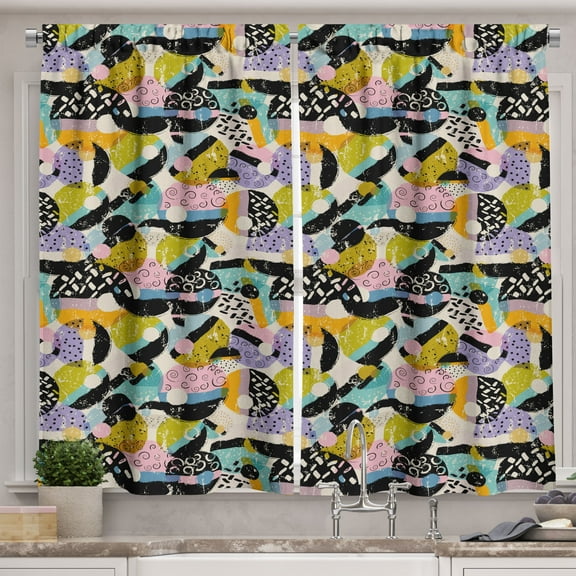 Ambesonne Retro Kitchen Curtains, Circles Swirly Lines Dots Art, 55"x24", Dark Yellow and Pale Sepia