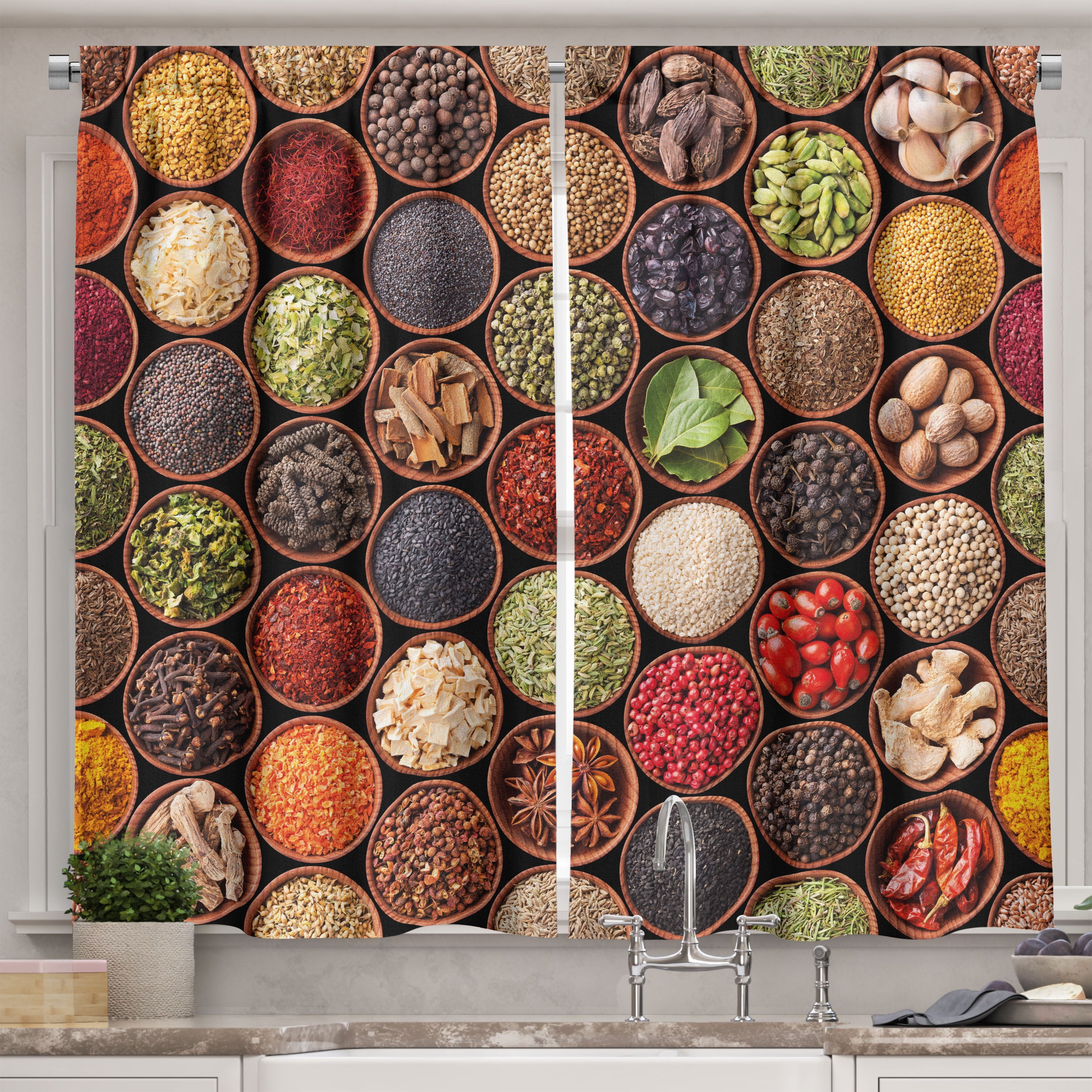 Colorful Herb and Spice Print Polyester Kitchen Curtains