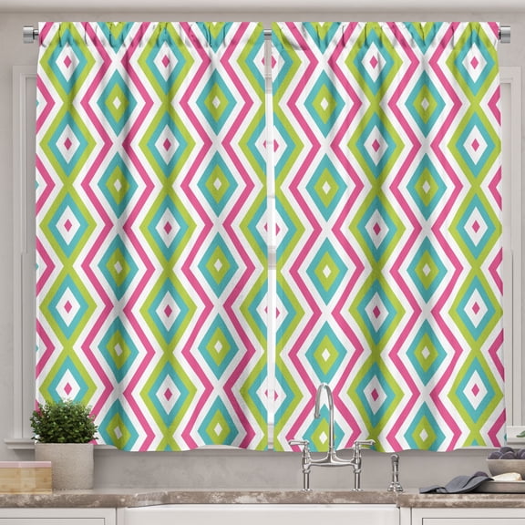 Ambesonne Retro Kitchen Curtains, Colorful Stripes Rhombuses, 55"x24", Apple Green Pink and White