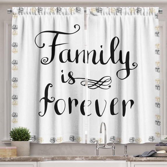 Ambesonne Retro Kitchen Curtains, Family Words Ink Sketch, 55"x39", Black Brown White
