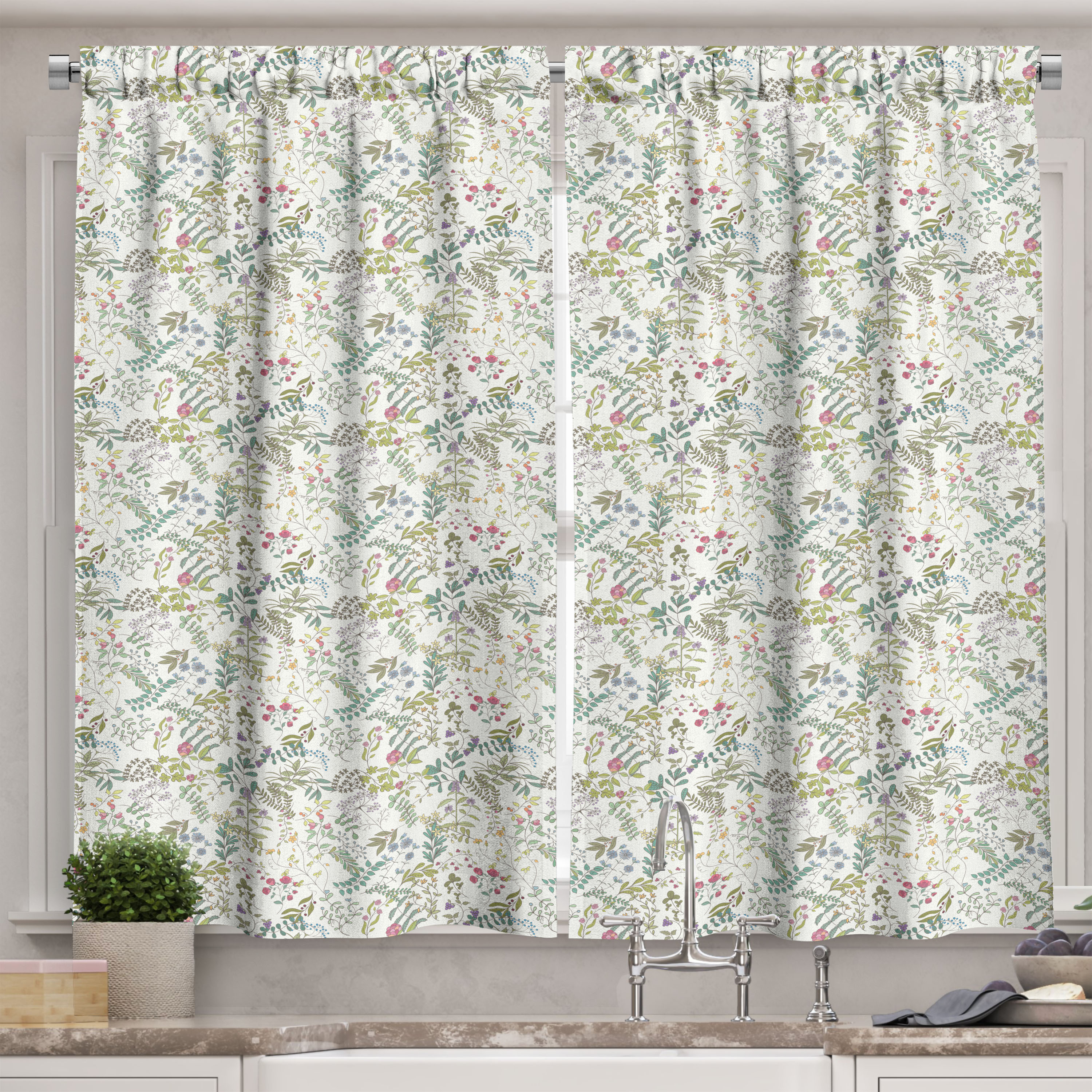 Ambesonne Retro Kitchen Curtains, Flowers Herbs and Leaves Eco, 55"x45