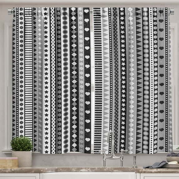 Ambesonne Retro Kitchen Curtains, Geometric Ribbon Stripes, 55"x45", White Black