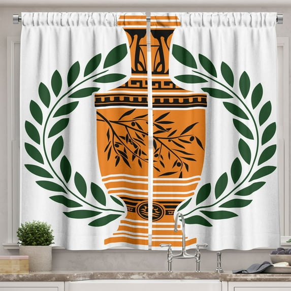 Ambesonne Retro Kitchen Curtains, Greek Vase Laurel, 55"x45", Hunter Green Orange