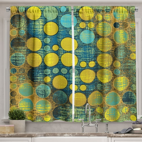 Ambesonne Retro Kitchen Curtains, Groovy Polka Dots 60s, 55"x45", Green Blue
