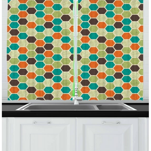 Ambesonne Retro Kitchen Curtains, Grunge Colorful Hexagons, 55"x39", Multicolor