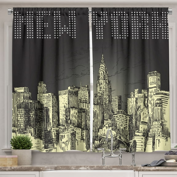 Ambesonne Retro Kitchen Curtains, Grunge Empire State NYC, 55"x45", Grey Yellow